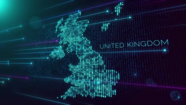 Abstract Futuristic Motion View Blue Violet Shiny Perspective Square Hud Particles Mosaic Grid And Text Of United Kingdom Region Map With Dotted Lines Light Flare, Seamless Loop