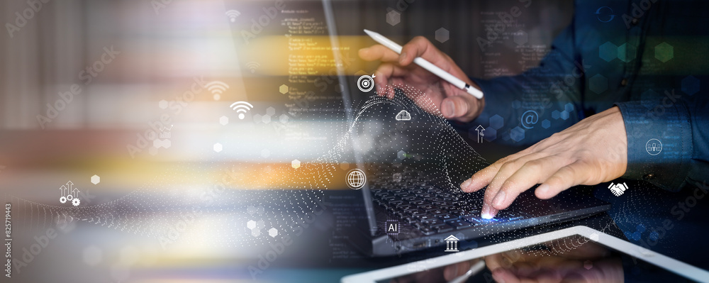 Poster data science and engineering, digital technology, futuristic tech background