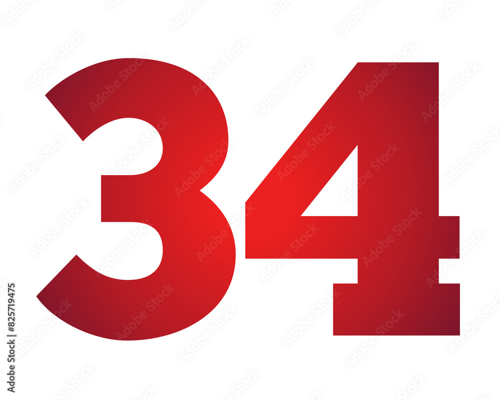 Poster number 34 red gradient color number illustration on transparent background