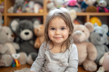 A cute little girl with medium length hair is sitting on the floor in her room playing happily next to some stuffed animals.
