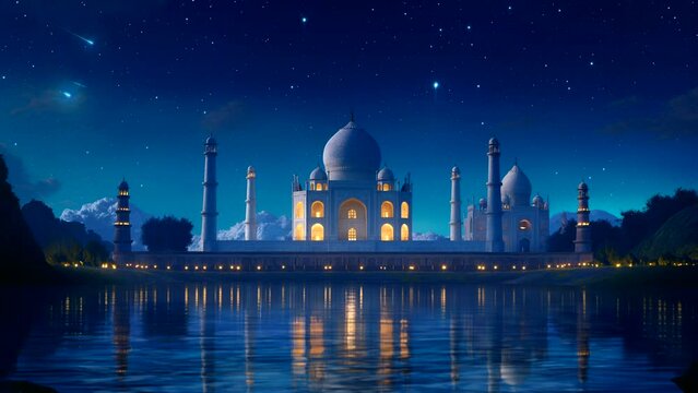 Majestic Taj Mahal at night with water reflection, wonder of the world building and architecture. Looping time-lapse animation background.