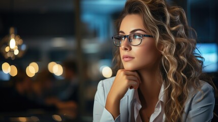 Obraz premium Business woman looking at computer screen and thinking about work