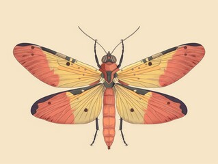 A detailed illustration of a colorful insect with spread wings.