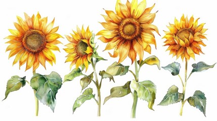 A set of sunflowers as a watercolor clip art illustration with a white background.