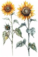 A set of sunflowers in different poses as a vector illustration on a white background.