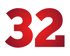 Number 32 Red gradient color illustration on transparent background