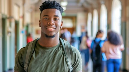 Fototapeta premium Confident African American Male Student Standing in School Hallway with Backpack. 4K HD Wallpaper with AI-generated Background