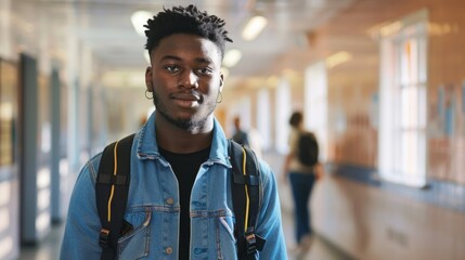 Confident African American Male Student Standing in School Hallway with Backpack. 4K HD Wallpaper with AI-generated Background