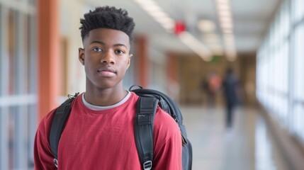 Fototapeta premium Confident African American Male Student Standing in School Hallway with Backpack. 4K HD Wallpaper with AI-generated Background