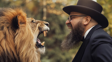 Man in a suit and hat confronts a roaring lion face-to-face, creating a dramatic and intense standoff in an outdoor setting.