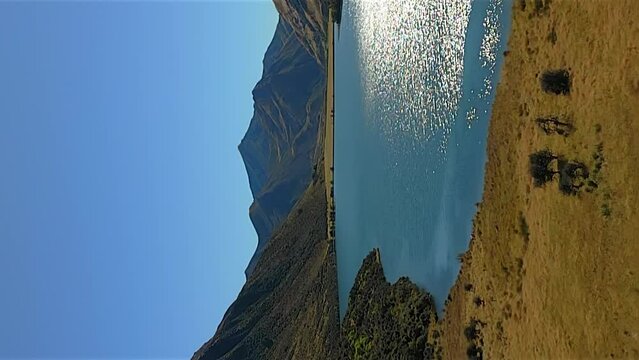 Vertical orientation flying over Moke Lake near Queenstown, New Zealand.