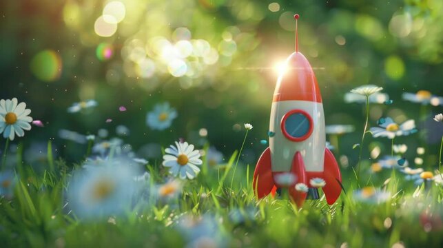 toy rocket in the flower garden. Virtual 4K video animation background with looping time lapse with very smooth graphics.