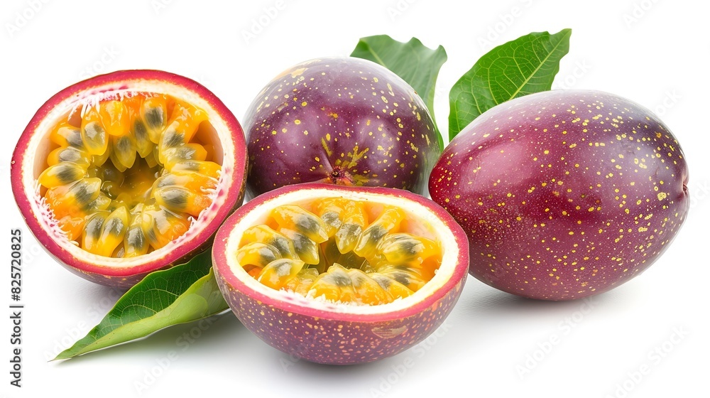 Poster isolated passionfruit collection of whole and cut passion fruits maracuya isolated on white backgrou