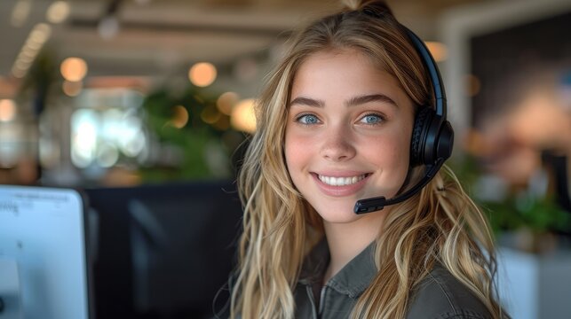 Happy smiling young woman call center agent wearing headset and white shirt in the office, customer service and support concept.