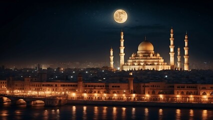 A panoramic view of Islamic mosque at night with a starry sky.