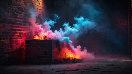  A brick wall with smoke coming out of it and a brick wall with a brick wall behind it. Empty dark background with smoke, abstract background with glowing lines.
