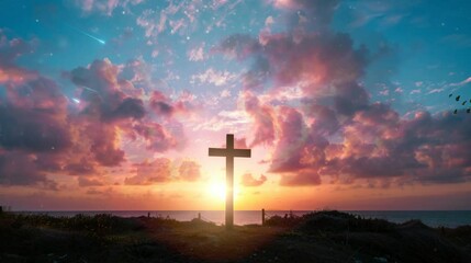 cross at sunset in the outdoor. Virtual 4K video animation background with looping time lapse with very smooth graphics.