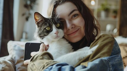 portrait of a beautiful cheerful young woman with a black and white cat in her arms at home Animals and lifestyle concept taking selfie on smartphone with pet : Generative AI