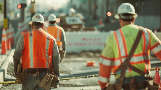 A group of construction workers updating a white informational sign with red letters detailing the construction progress and any delays.