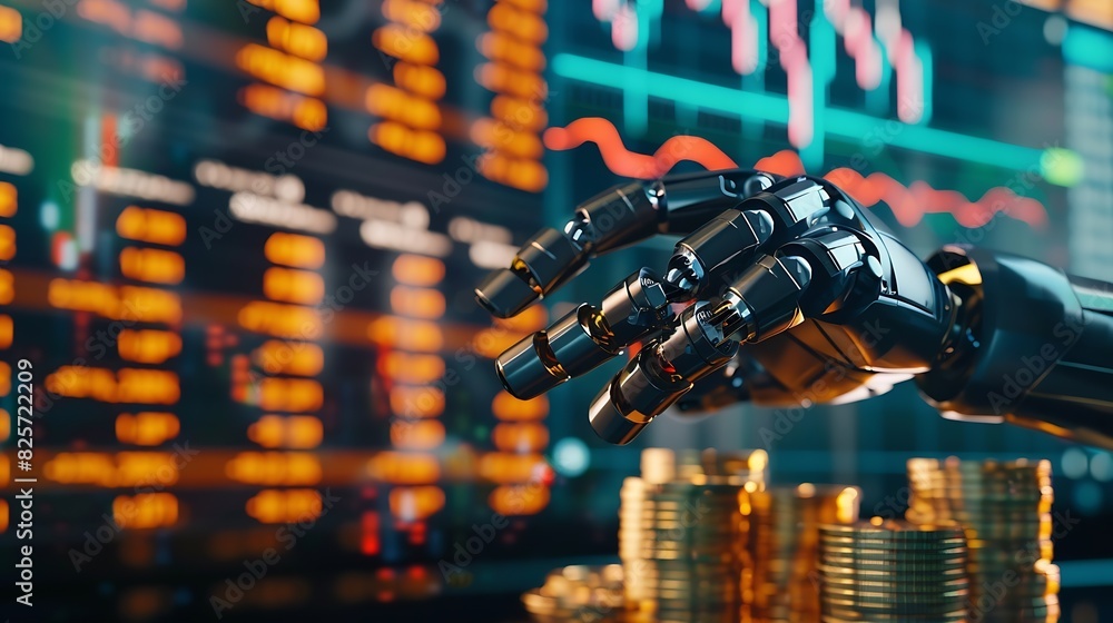 Fototapete Robot trading concept Robot hand represents use of artificial intelligence in trading stocks Gold coins are displayed as graphs on smartphone Digital transformation technology Ai make  : Generative AI