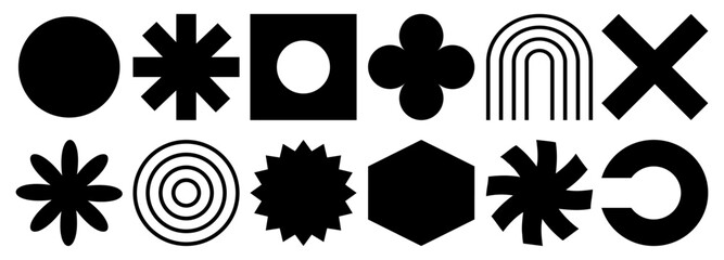 Vector set of brutalist geometric shapes.minimalist geometric elements, abstract bauhaus forms. Simple star and flower shape, basic form, trendy modern graphic element vector set.