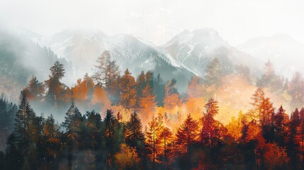 Autumn foliage on a mountain landscape close up, focus on, copy space featuring vibrant, fiery colors Double exposure silhouette with a seasonal transformation