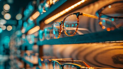 A elegant eyeglasses displayed on illuminated shelves in a chic optical boutique 