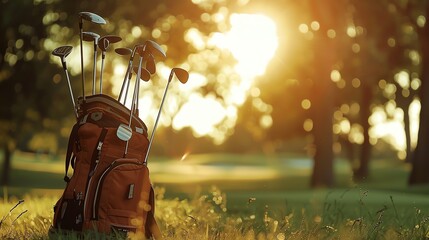 Golf bag with clubs close up, focus on, copy space rich tones, Double exposure silhouette with golf course backdrop