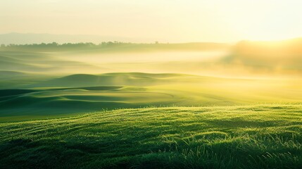 Obraz premium Golf course at sunrise close up, focus on, copy space warm tones, Double exposure silhouette with rolling greens