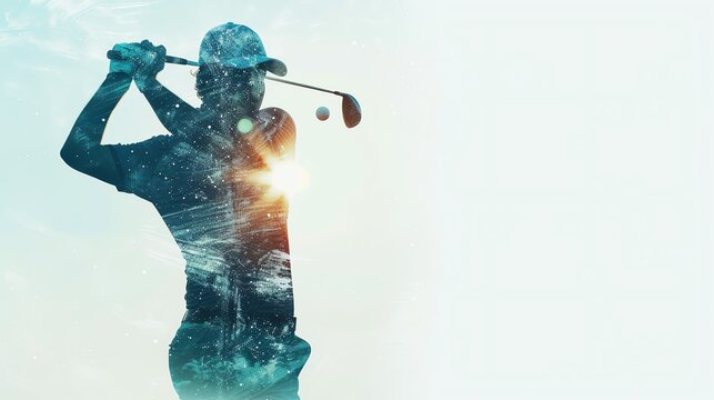 Golfer swinging club close up, focus on, copy space dynamic colors, Double exposure silhouette with golf ball