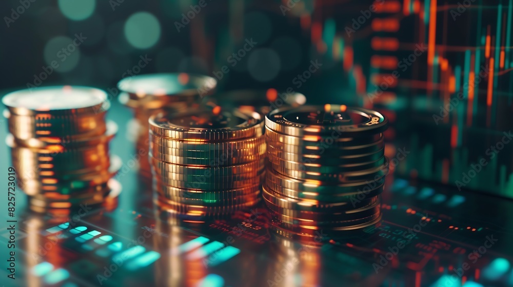 Poster financial investment and success market stock technology currency report stacks of coin with trading