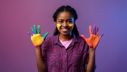painted hand with painted hands, portrait of a person with a fan, portrait of a person with a mask, A young girl,wearing a bright color shirt, shows her hands and palms painted in vibrant color in the - Powered by Adobe