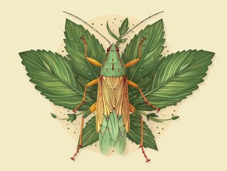 Fototapeta premium A stylized illustration of a large green insect surrounded by leaves. The insect has a long, thin body and large, intricate wings.