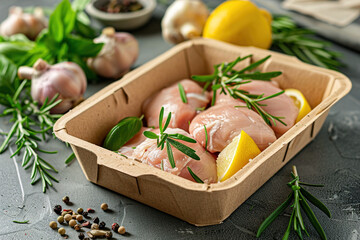 Meat and poultry in biodegradable packaging.