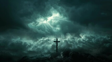 cross with a view of a thick black sky with flashes of lightning striking. Virtual 4K video animation background with looping time lapse with very smooth graphics.