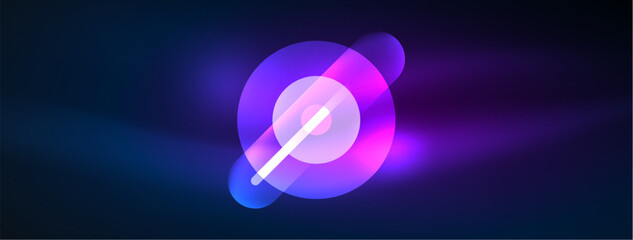 Abstract design pulsates with neon glowing light effects, casting an entrancing glow in the darkness, captivating the eye with its vibrant energy. Glass circles neon glowing light effects