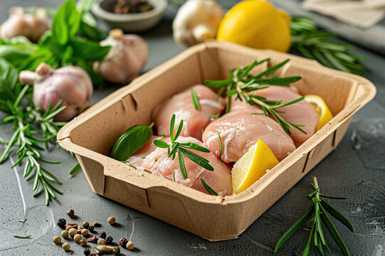 Meat and poultry in biodegradable packaging.