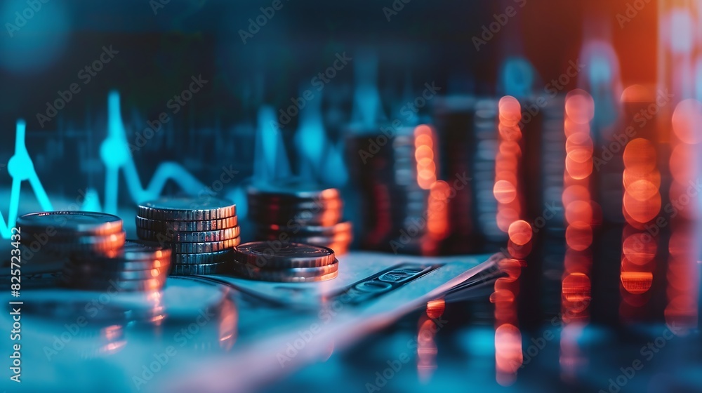 Poster money coin stack on office desk with graph and up arrow with blue filter business and finance concep