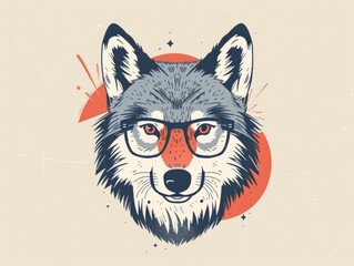 Stylized wolf wearing glasses, with red sun behind it. The wolf has a friendly expression.