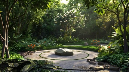 Serene Meditation Circle in a Lush Garden Oasis
