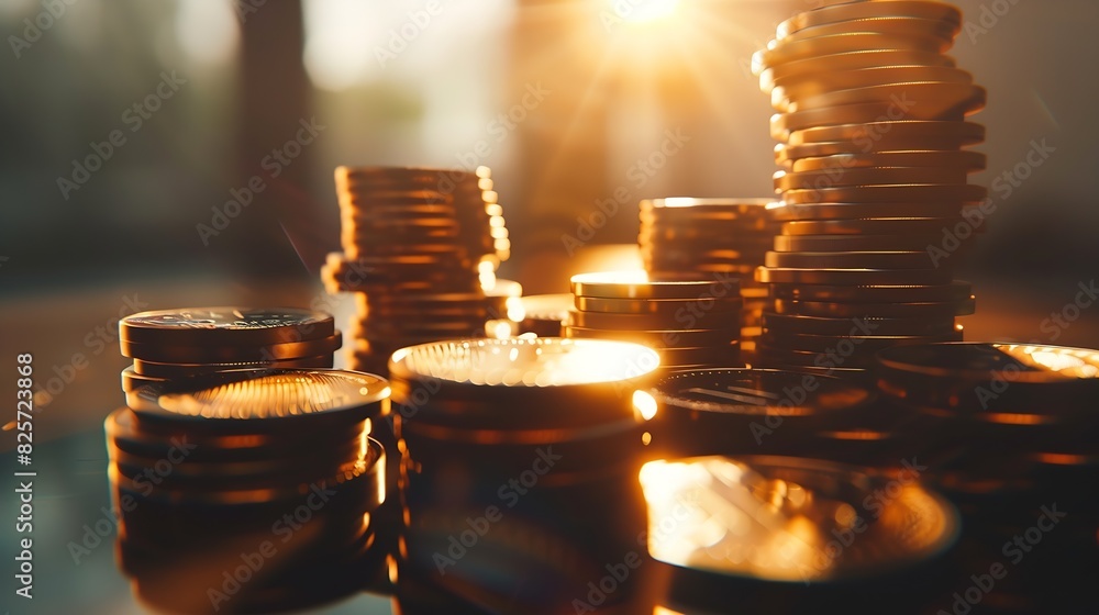 Leinwandbilder close up stack of coin on table background and business or finance saving money : generative ai