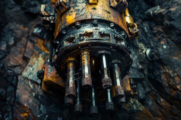 Fototapeta premium A close up of a powerful mining drill, capable of extracting valuable minerals deep underground, its operation highlighted by a cinematic look for dramatic effect