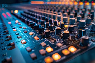 Obraz premium A close up of an advanced audio mixer in a recording studio, each dial and switch meticulously designed to produce the perfect sound, with a cinematic look enhancing the scene