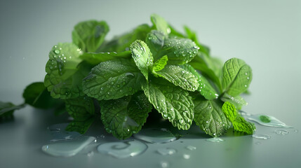 premium of fresh mint leaves and water droplets on a transparent background