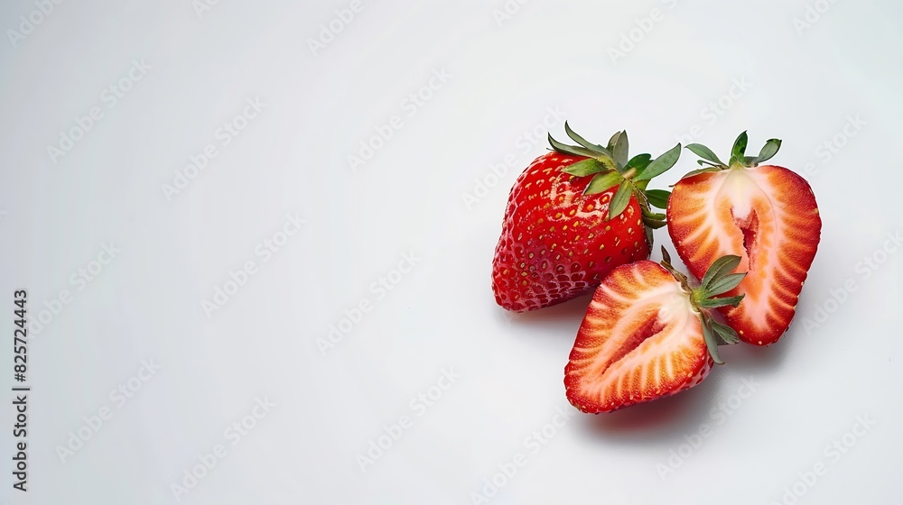 Poster isolated strawberries three fruits one cut in half on white background : generative ai