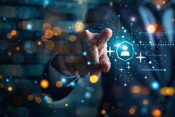 A closeup of a businessman pointing at a customer retention icon