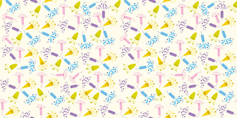 Seamless pattern confetti party popper, festive cotton button on white background.