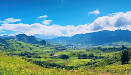Obraz premium A stunning spring day landscaping views of fertile land surrounded beautiful green vegetation, wide stretches of hills and mountains with clear skies in spring
