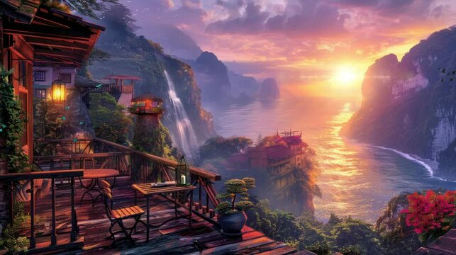 the beauty of the mountains and ocean illuminated by the afternoon sun, which can be seen from the house on the hill