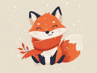 Cute cartoon fox wearing a scarf, smiling in the snow.